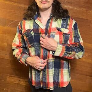 VINTAGE 80s Dagger Collar Plaid Shacket Size L Wool Outdoor 70s Retro